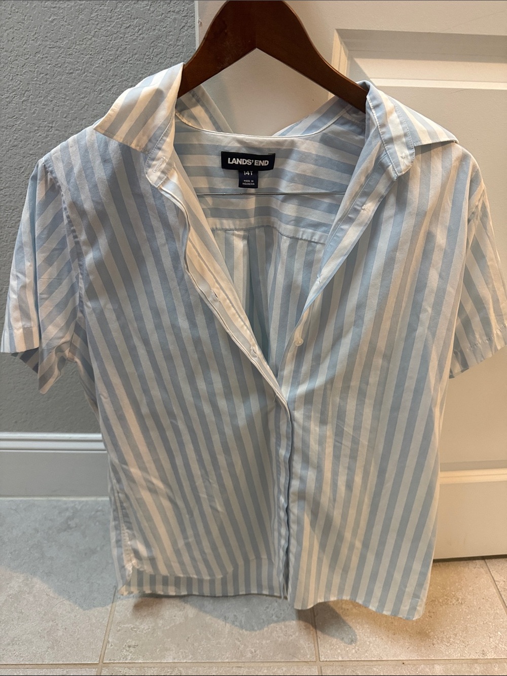 Lands' End Light Blue and White Striped Button-Down Shirt